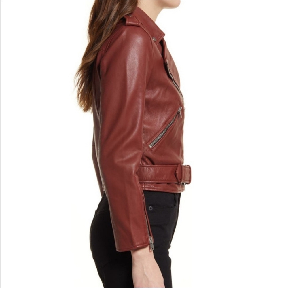 All Saints Balfern Leather Biker Jacket Fire Red Moto Burgundy Maroon Size 4 - Picture 3 of 7
